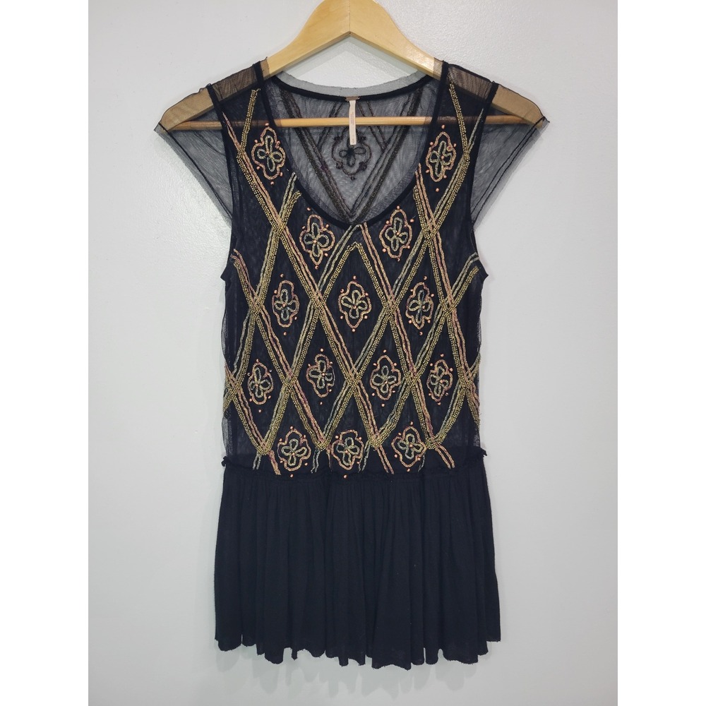 Free People Black Beaded Mesh Peplum Top Sm Boho Sheer Tulle V-Neck Cap Sleeve